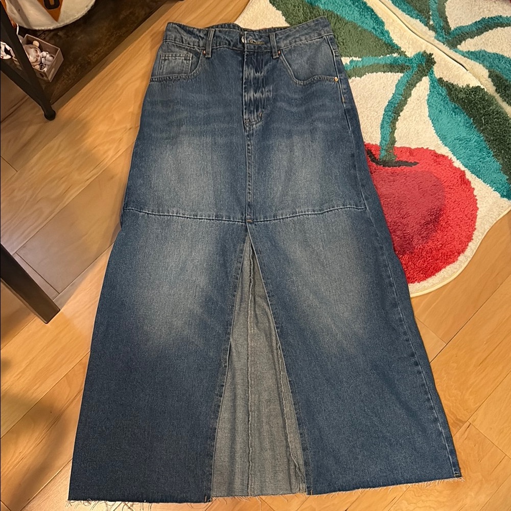 Women's Blue Denim Maxi Skirt with Front Slit